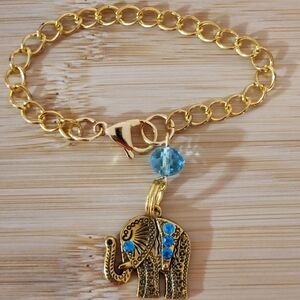 Hand Crafted Cup Handle Charm Elephant Gold Metal Turquoise Crystals Mug Bottle